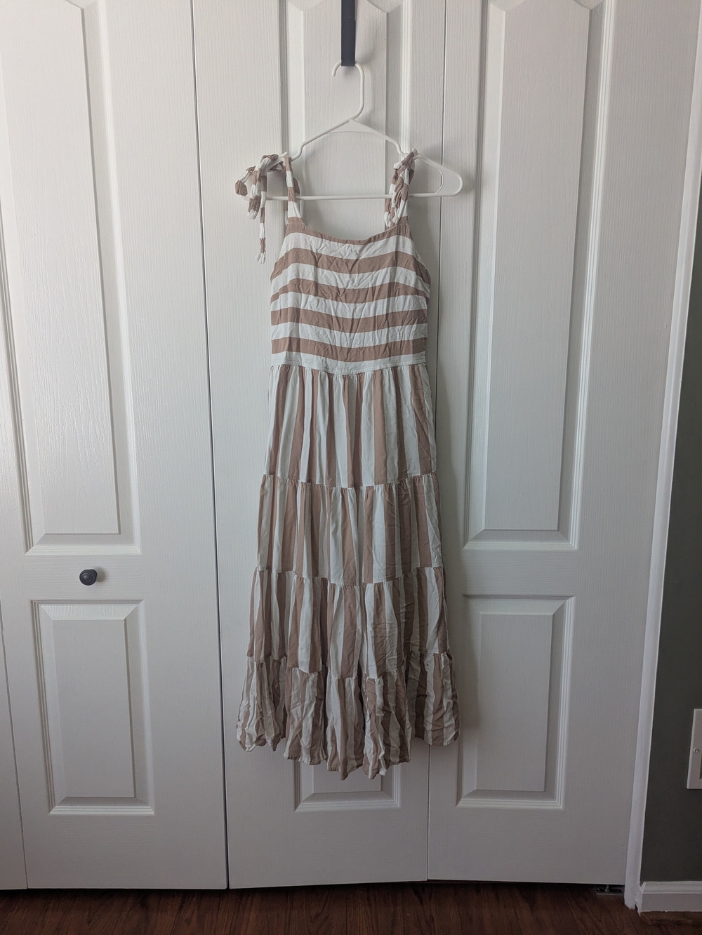 Amazon Beige and White Striped Tie-Shoulder Tiered Sundress